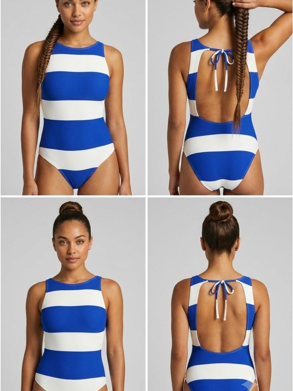 Striped High-Neck One-Piece Swimsuit - Blue/White